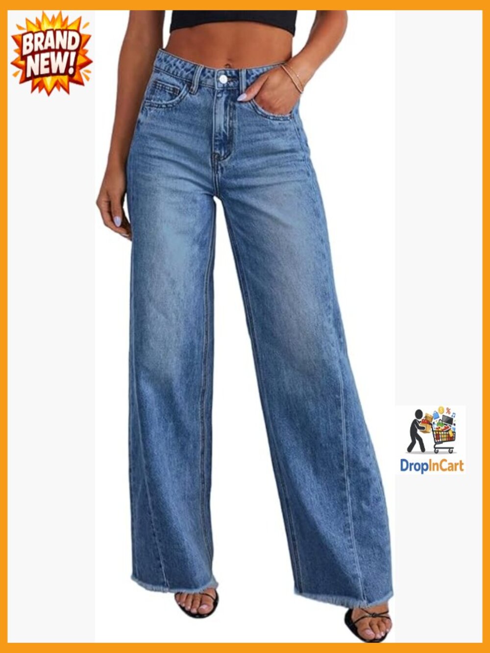 High Waisted Wide Leg Jeans Stretchy Raw Hem Denim Pants